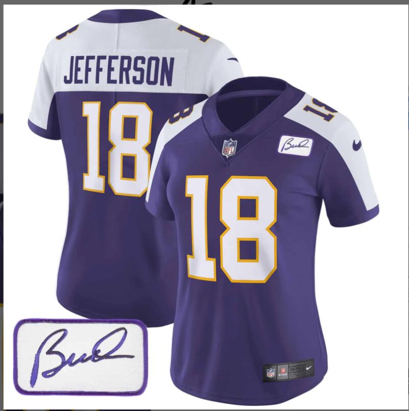 Women Minnesota Vikings 18 Jefferson Bud Grant Patch Classic Limited 2024 NFL Nike purple jerseys